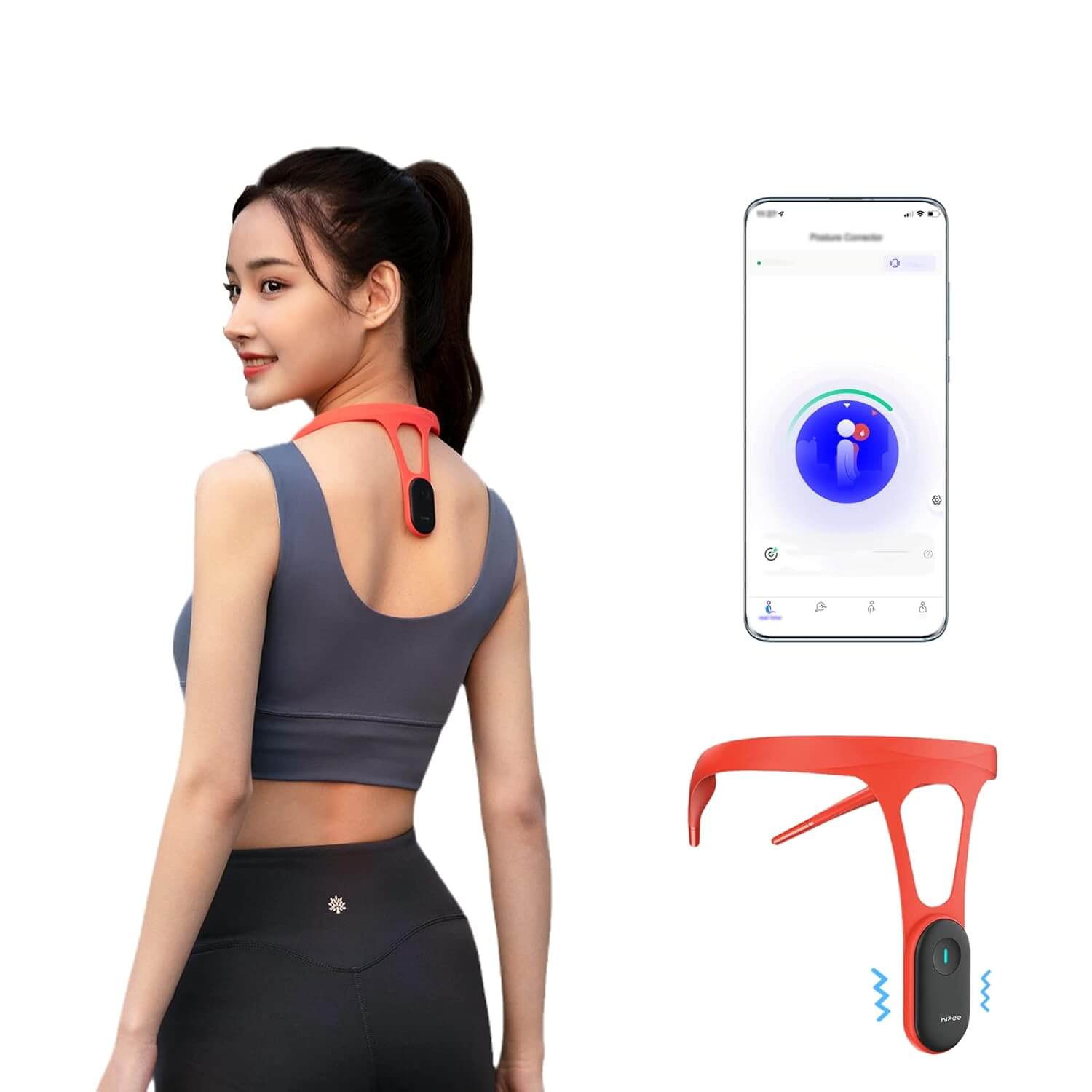 Image of P1 Smart Posture Trainer worn on a woman's back with a smartphone app for real-time posture monitoring.